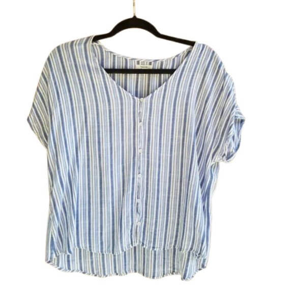Striped Coastal Granny Boxy Button-Up Short Sleeve V-Neck Blouse. Layering Piece - Picture 1 of 9